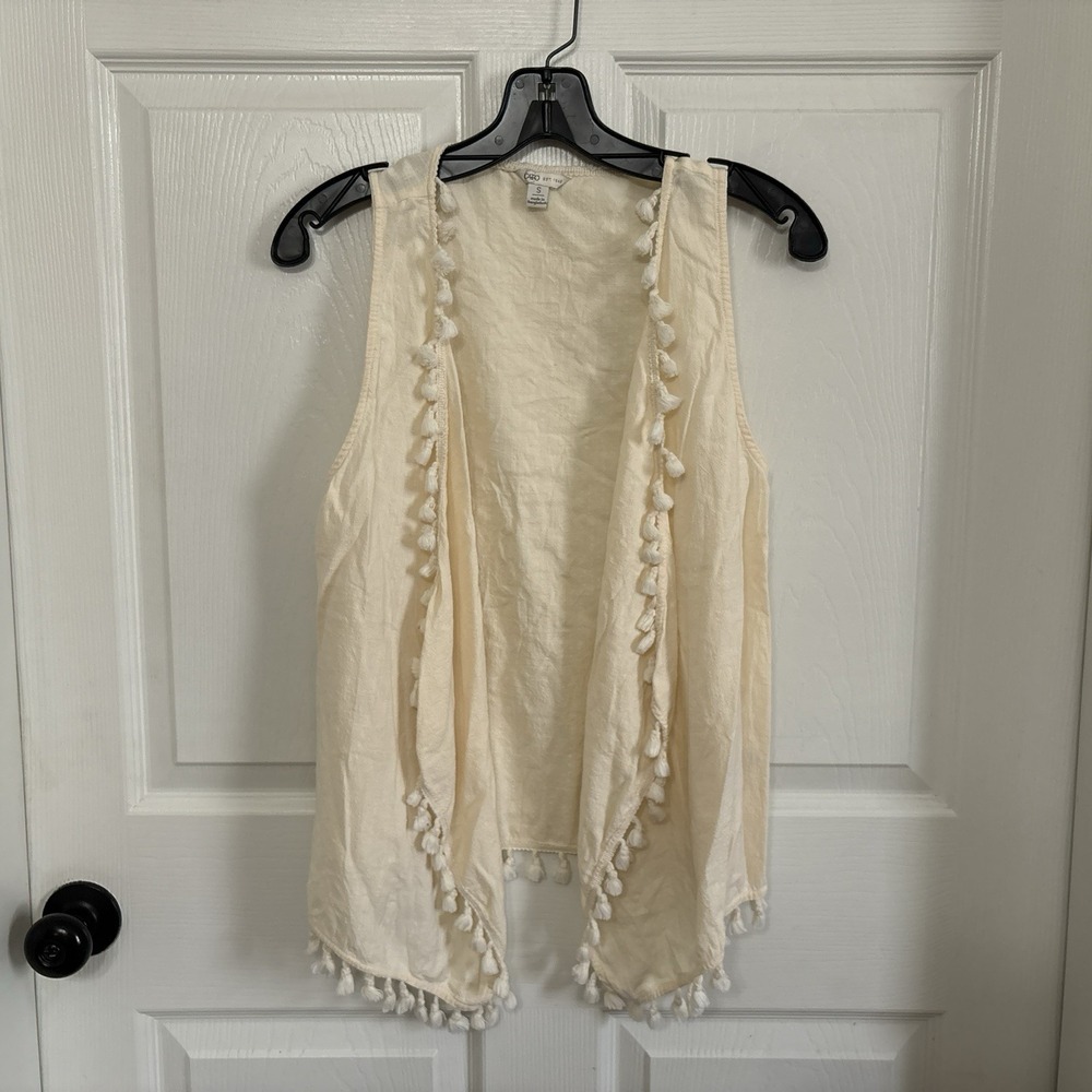 Cato Tassel Trim Open Front Vest Small Cream Pom-Poms Boho Cottagecore Hippie